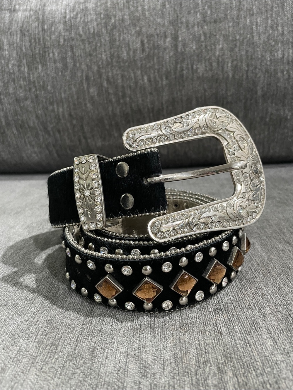Western Leather Black Calf Hair Studded Rhinestone Embellished Statement Belt